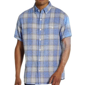 WEATHERPROOF NWT Mens Linen Blue Plaid Short Sleeve Button Down Shirt Preppy S